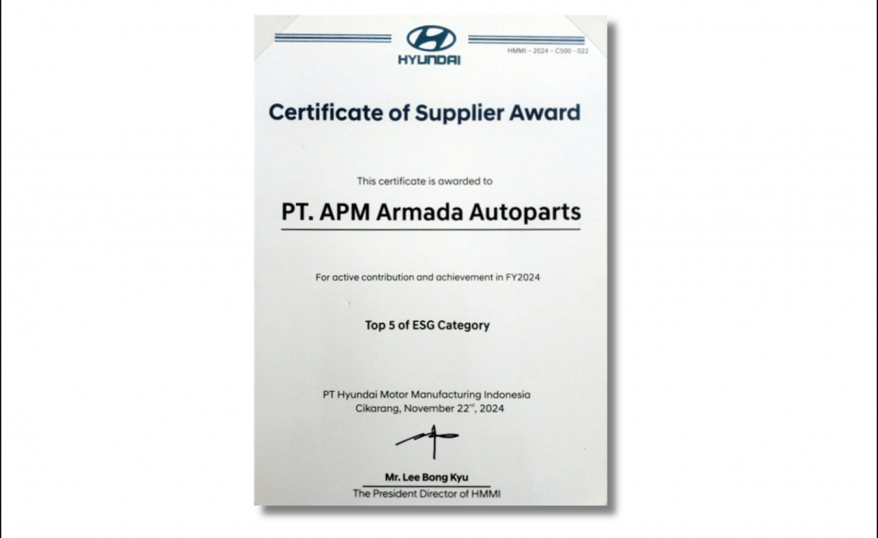 Certificate of Supplier Award from Hyundai for 
